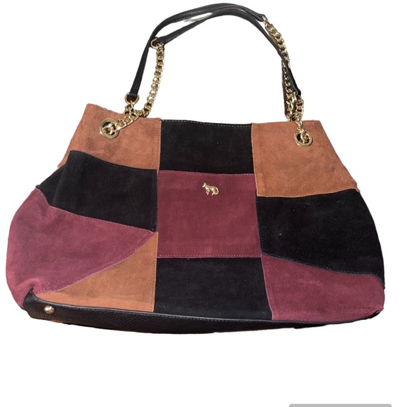 Emma Fox Handbags - Emma Fox Filmore Suede Patchwork Burgundy Black Camel Leather Satchel Handbag